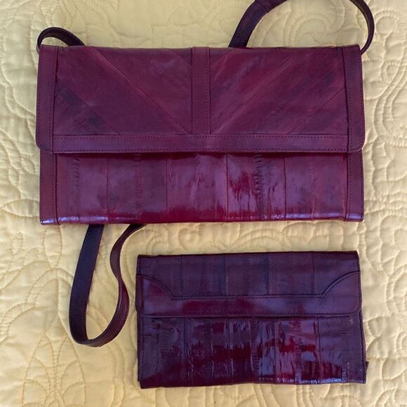 Eel Skin Shoulder Bag and Wallet, Burgundy. - Picture 1 of 15